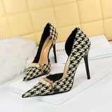 Breakj Korean Version Of High Heels Plaid Shallow Mouth Side Hollow Thousand Bird Case Pearl Metal Chain Super High Heel Single