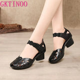 2021 Summer Genuine Leather Shoes Gladiator Sandals Women 5cm High Heels Classic Black Peep Toe Hollow Ladies