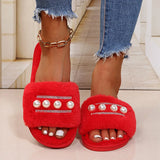 Hairy Slippers Pearl Fashion Flat Slippers Women's Home Leisure Anti-Rabbit Cotton Slippers Big