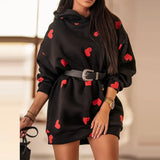 Fashion Women O Neck Hooded Cute Heart-Shaped Print Sweatshirts Casual Loose Long Sweatshirt Elegant Streetwear