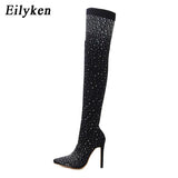 New Design Fashion Pointed Toe Bling Over Knee Boots Crystal Long Sock Women Boots High Heel club Sock Boots size