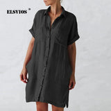 Summer Women New Turn-down Collar Casual Solid Color Shirt Dress Slim Elegant Half Sleeves Buttons Cardigan Pocket