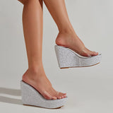 Women Transparent Clear Crystal Sequins Platform Wedge Thick Sole Sandals High Heels Mules Slides Summer Beach