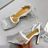 style Crystal Mesh Women pumps Sexy Ankle strap Square toe High heels Female Sandals Spring Summer Hollow Party Dress