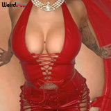 Puss Sexy Summer Hollow Out Faux Tank Tops Bandage Drawstring Halter Y2K Cyber Backless Skinny Stretchy Activewear
