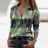 Slim Fashion Women Autumn Geometric Print V Neck T-shirts Casual Long Sleeves Zipper Pullover Elegant Streetwear Female