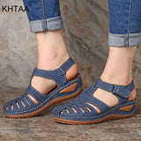 Summer Pu Leather Vintage Sandals Buckle Casual Sewing Women Shoes Female Peas Shoes Ladies Platform 34-44 Plus