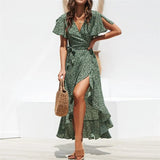 Long Wrap Dress 2021 Summer Boho Style Floral Print Maxi Beach Dress Sexy Side Split Party Dress Sundress