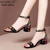 Size 41 Summer Women Sandals Embroider Ankle Strap Sandal High Heels Dress Shoes Flower Ladies Shoes Sandalias