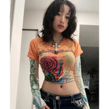 y2k Diamond Fairy Grunge Top Streetwear E-girl Floral Printed Slim Women Short Tees Retro Rhinestone Long Sleeve