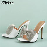 Summer Women High Heels Mules Slippers Female Peep Toe Stiletto Heels Slippers Silver Bling Butterfly-knot
