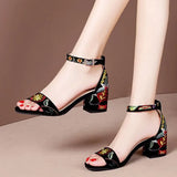 Size 41 Summer Women Sandals Embroider Ankle Strap Sandal High Heels Dress Shoes Flower Ladies Shoes Sandalias