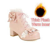 Chunky High Heel Lolita Shoes Butterfly-knot Cloth Plush Inner Women Cosplay Princess Ankle Boots Winter Autumn Pink White