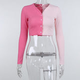 Women Patchwork Sexy Top Long Sleeve Knitted Skinny Autumn 2021 Female Fitness Streetwear Button Kawaii V Neck