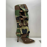 Breakj New High Heel Pointed Metal Rivet Jeans Splicing Two Wear Pile And Knee Boots Large Size Women's