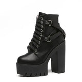 Fashion Black Boots Women Heel Spring Autumn Lace-up Soft Leather Platform Shoes Woman Party Ankle Boots High Heels