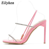 2022 New Crystal Rhinestone Sandals Women Summer Square Toe Stiletto High Heels Sexy Fetish Stripper Shoes