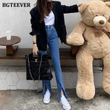 Streetwear High Waist Denim Blue Women Jeans Summer Front Split Denim Pants Capris Femme Casual Long Female Jeans