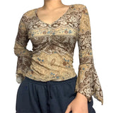 Khaki Vintage Print V Neck Flare Long Sleeve Y2K Tops Cute E Girl Fairy Grunge Aesthetic Graphic T Shirts for