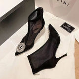 Sexy Mesh Ankle Boots Spring Autumn Women's Pointed Toe Stiletto Heels Fashion Rhinestone Zip Ladies Party Shoes Size
