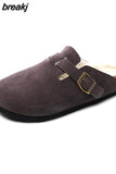 2023 New Winter Unisex Cork Slippers Casual Women Plush Inside Men Buckle Nubuck Leather Closed Toe Slide Slip on