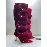 Breakj New High Heel Pointed Metal Rivet Jeans Splicing Two Wear Pile And Knee Boots Large Size Women's