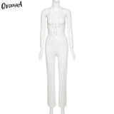 women halter bandage v-neck sleeveless ruched tops sweatpants solid matching set sexy clubwear stretchy skinny