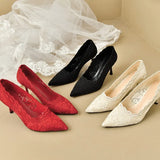 Breakj Heel Wedding Shoes Women's Shoes White Lace High Heels 2025 Fashion Temperament Pointed Single Shoes Gentle Mary Jane