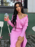 Casual Green Long Dress Women 2021 Knitted Fashion 2021 Winter V Neck Sexy Party Club Slit Bodycon Sweater Shirt