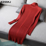 autumn winter midi sweater dress women staight knit short dress highneck dress female slim sweater bodycon warm