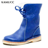 2022 Women Winter Mid Calf Boots Leather Snow Boots Lace Up Plush Fur Warm Slip-on Ladies Shoes Square Heel Short