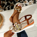 Breakj And Summer New Round Head Flat Bottom Heel Sandals Women Weaving Beads Toe Bohemian Thick-Soled Beach