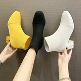 Sock Boots For Women Shoes Square Heel Yellow Knitting shoes Elastic Cottton Boots Lady