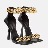 Ankle Strap Summer Clear PU High Heel Sandals Summer Fashion Chain Design Slip on Square Toe Zipper Slides Women Mules