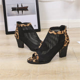Women Boots Mesh Suede Ankle Boots Lace 2019 Summer Boots Zapatos Chaussures Femme Zipper Square High Heel Leopard Women