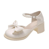 New Round Head Bow Female Shoes Square Heel Buckle Strap Pumps Women Shoes Black Shoes Fashionable Sweet Heels