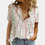 Women Elegant Office Simple Turn-down Collar Cartoon Print Casual Shirt Fashion Summer Short Sleeves Button Cardigan
