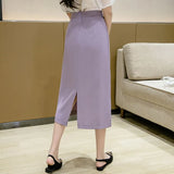 2021 New Spring Summer Women High Waist Solid Color Medium Long Skirt Casual Female Slim Fit OL Style Split Black