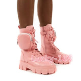 Autumn Winter Bootie Pocket Buckle Strap Pink Chunky Sole Pouch Ankle Boots Shiny Leather Patchwork Arrival Platform