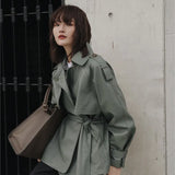Spring Autumn 2021 Women New Casual Lapel Pu Jacket Coat Simplicity Loose Leather Jacket with Belt Office