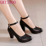 Leather shoes Women Round Toe Pumps Sapato feminino High Heels Shallow Fashion Black Work Shoe Plus Size
