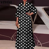 Elegant Holiday Maxi Long Dress 2022 VONDA Women Vintage Polka Dot V Neck Long Maxi Dress Casual Puff Sleeve Vestido