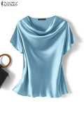 Women Summer Blouses ZANZEA 2022 Fashion Satin Tops Short Sleeve Blusas Female O Neck Casual Home Wear Tunic Chemise