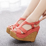 Breakj Cm Wood Grain Heel Slope And Fish Mouth Sandals Large-Size Slope And Water Table Hollow Sandals Female Quality