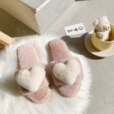 Breakj Slippers Women 2023 Winter New Korean Version Of Love Plush Warm Flat Cotton Slippers Home Slippers