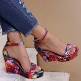 Women Floral Platform Sandals Female Summer Wedges Woman High Heels Thick Bottom Shoes Ladies Buckle Footwear Plus
