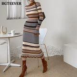 Vintage Striped Ladies Midi Dress 2021 Autumn Elegant Women Stretched Knitted Dress Full Sleeve Female Sweater