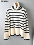striped oversize Turtleneck Sweater for Women female Knitted casual split side Long Sleeve loose