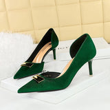 Breakj Banquet Ultra High Heel Shallow Pointed Tip Side Hollow West Shi Suede High Heel