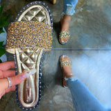 Rhinestone Slippers Crystal Slides Women Summer Flat Shoes Sewing Sliders Womens Summer Shoes Wholesale Ins Trending